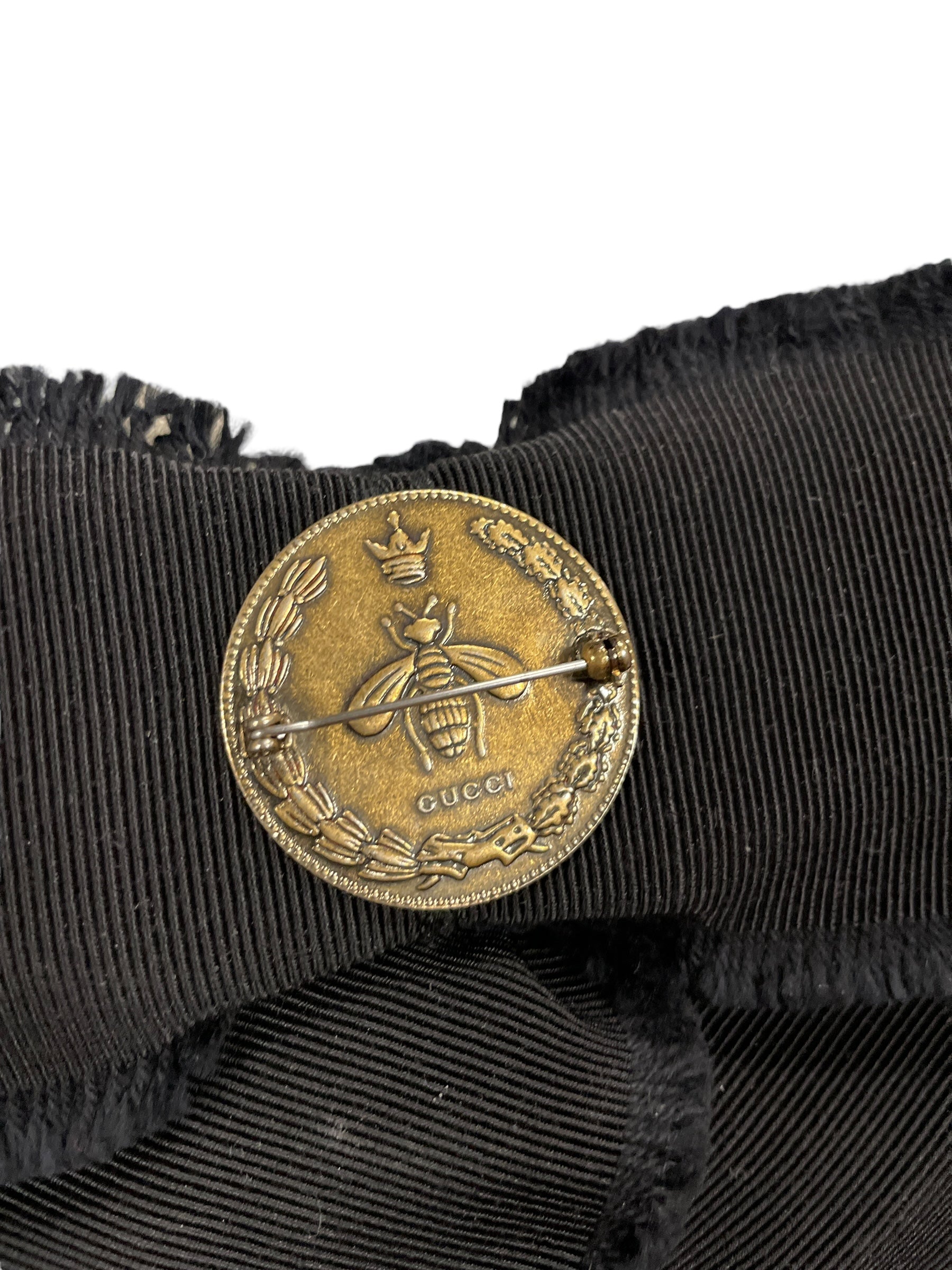 Victorian Style Designer Gucci Bow Pin with Jet Beads and Grosgrain Ribbon