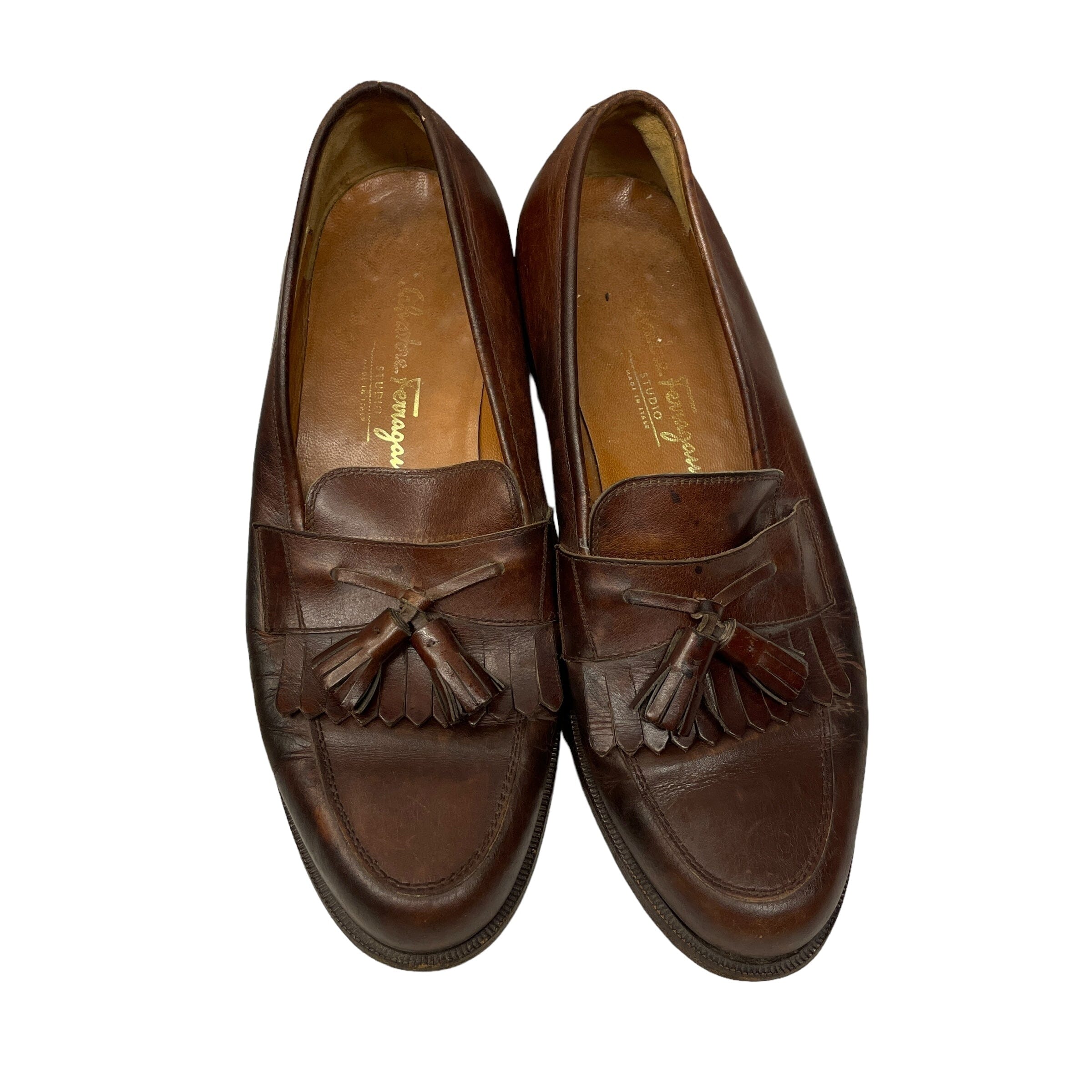 Vintage Designer Ferragamo Men s Leather Loafers with Tassels Made in Black Market Vintage