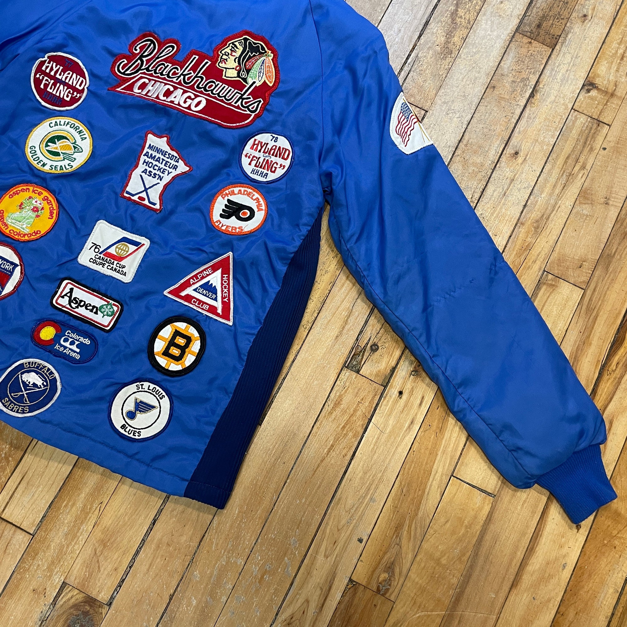 70s Chicago Blackhawks Mega Patched Vintage Nylon Windbreaker Made In USA Size XS Jackets & Coats Public Butter