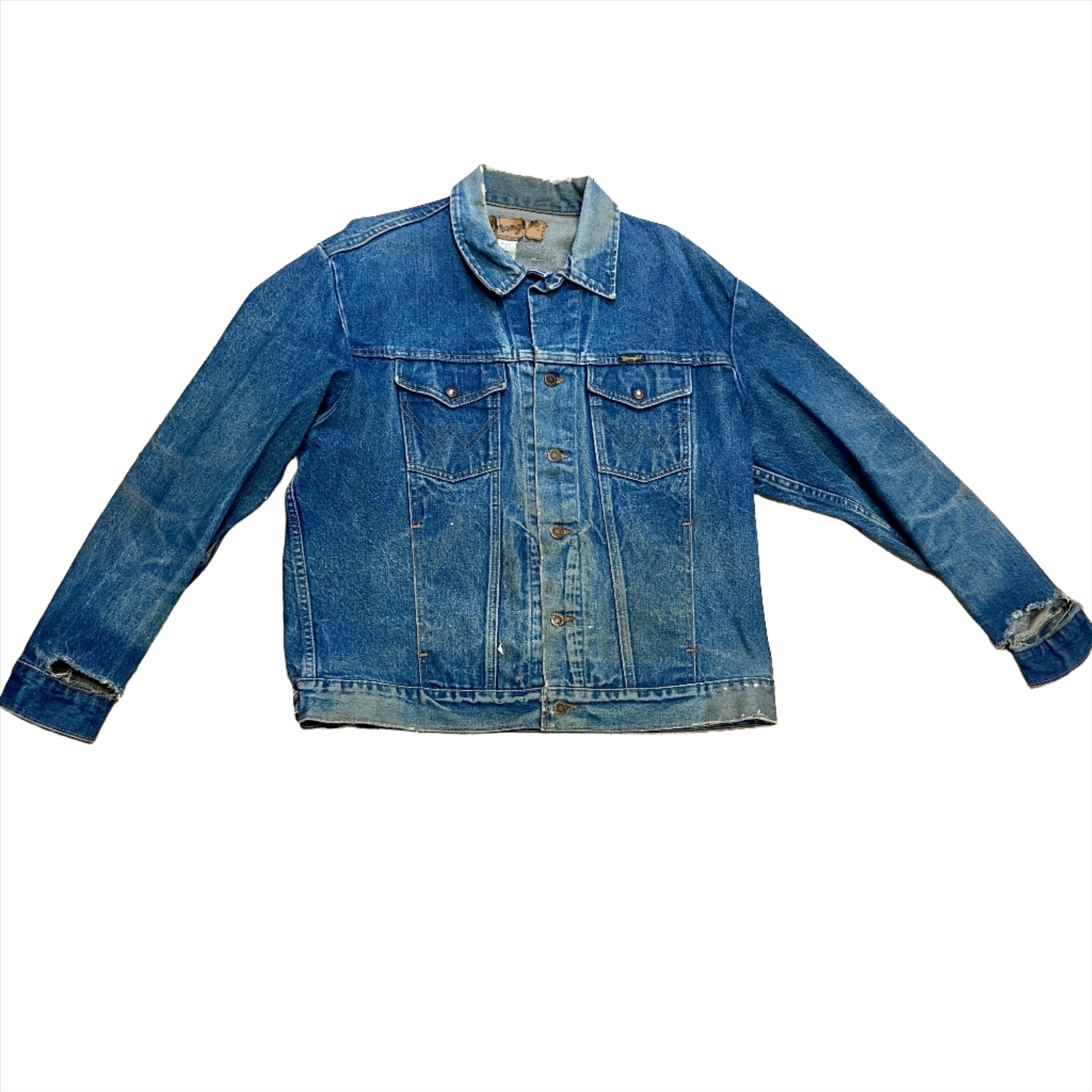 Fabulously Thrashed Vintage Wrangler Denim Trucker Jacket Made in USA Black Market Vintage
