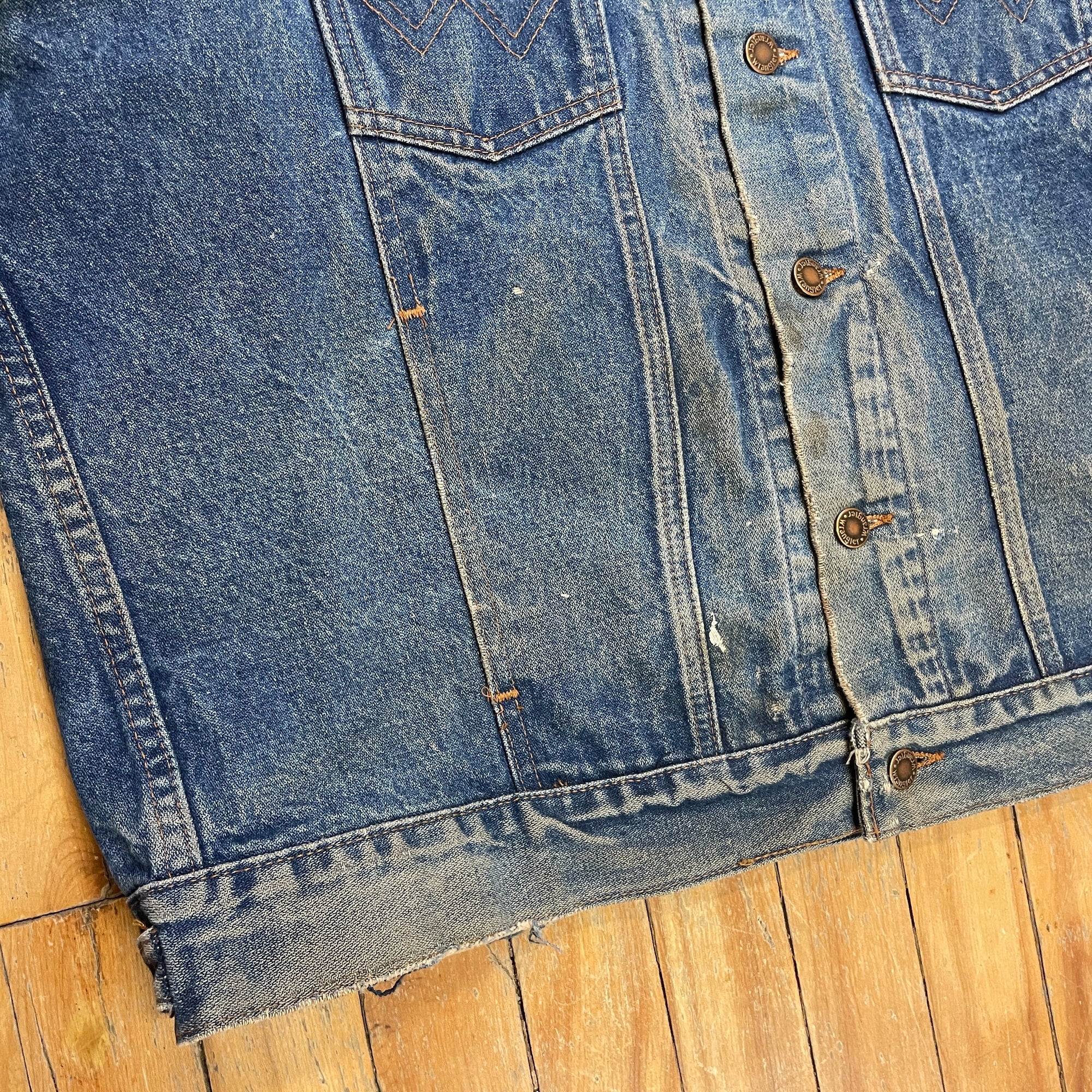 Fabulously Thrashed Vintage Wrangler Trucker Jacket Made in USA Size L Jackets & Coats Black Market Toronto