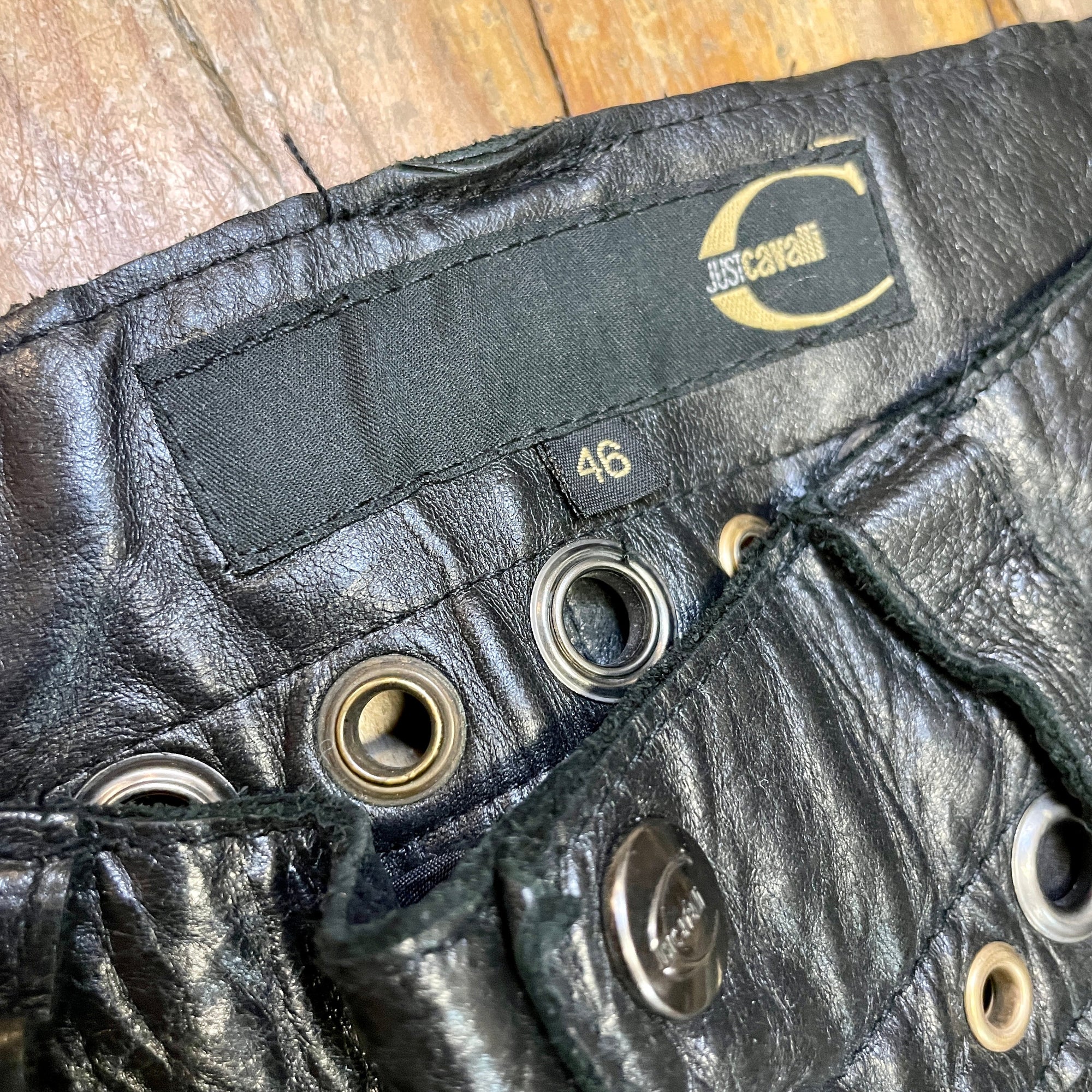 Just Cavalli Black Leather Trousers with Grommet Detailing on Waistband Size 30" Bottoms Public Butter
