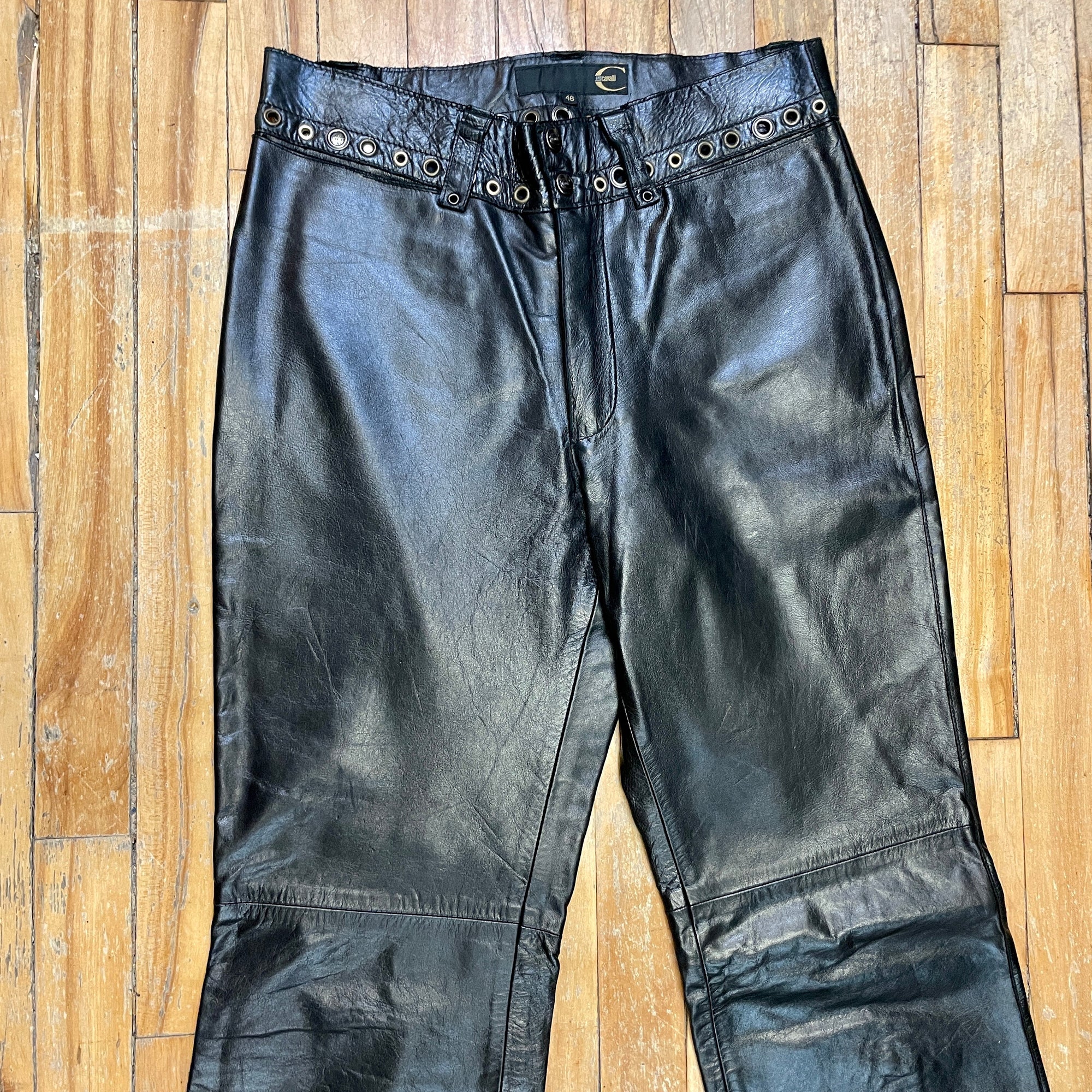 Just Cavalli Black Leather Trousers with Grommet Detailing on Waistband Size 30" Bottoms Public Butter