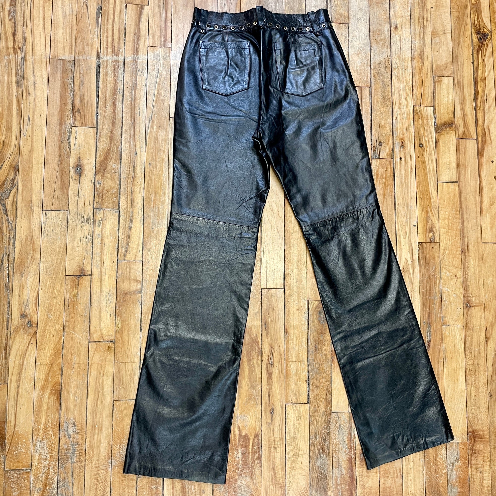 Just Cavalli Black Leather Trousers with Grommet Detailing on Waistband Size 30" Bottoms Public Butter