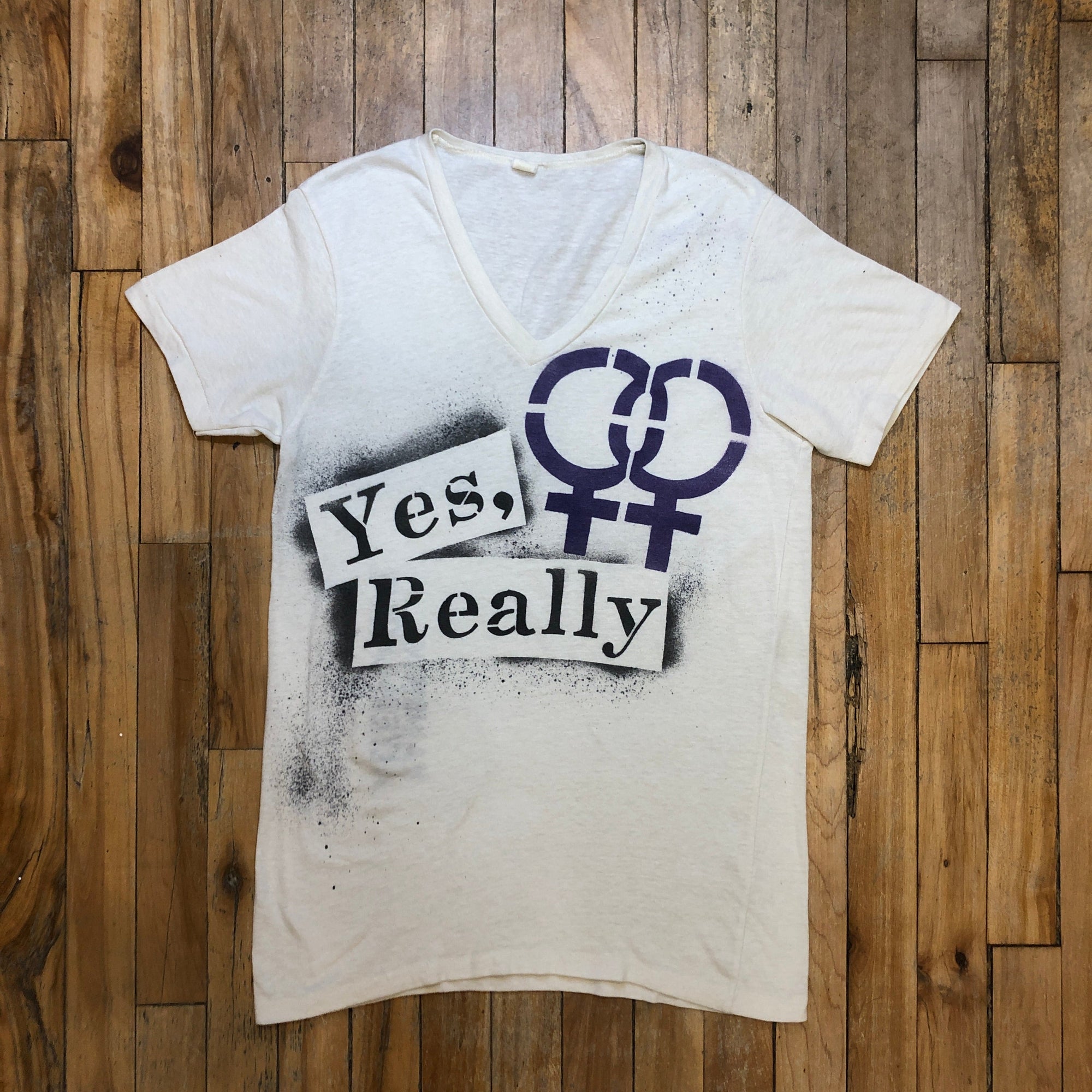 LGBT "Yes, Really" Rainbow Alternative Single Stitch Vintage Graphic V-Neck T-Shirt Size Small T-Shirts Public Butter