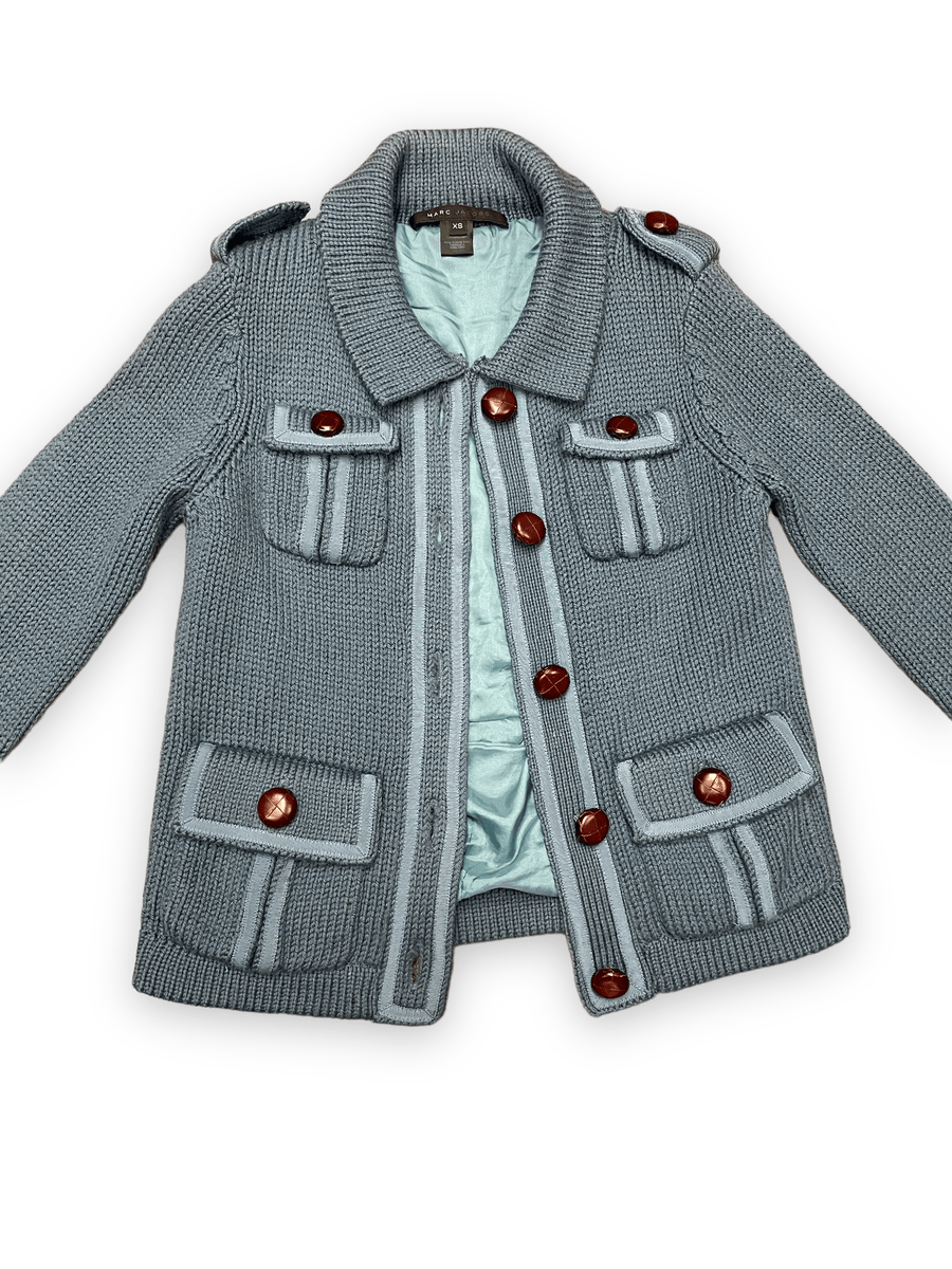 Marc Jacobs Steel Blue Wool Sweater Jacket with Pumpernickel Buttons Size XS Jackets & Coats Public Butter 