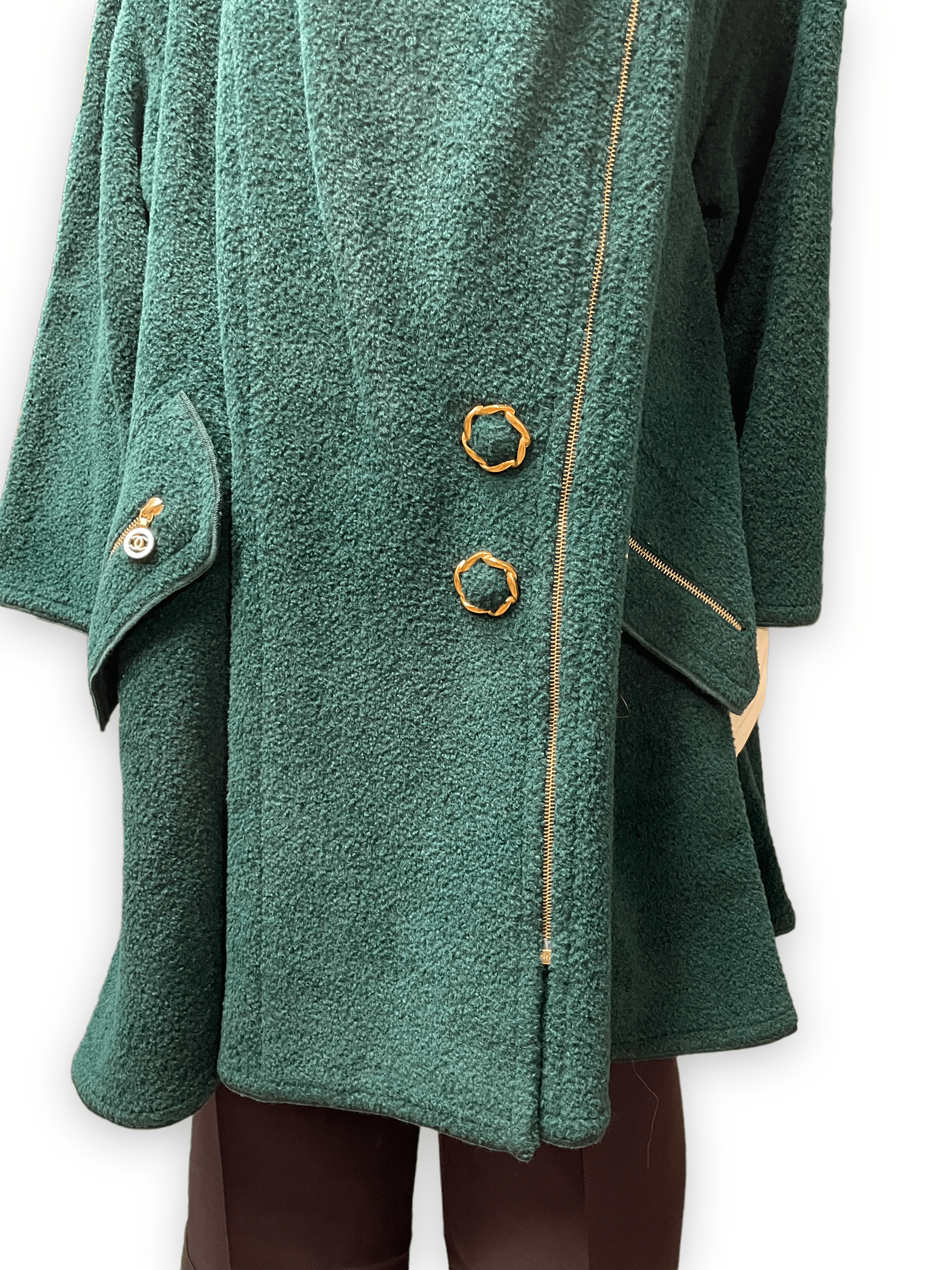Vintage Chanel Boutique Fluffy Green Coat with Golden Accents
