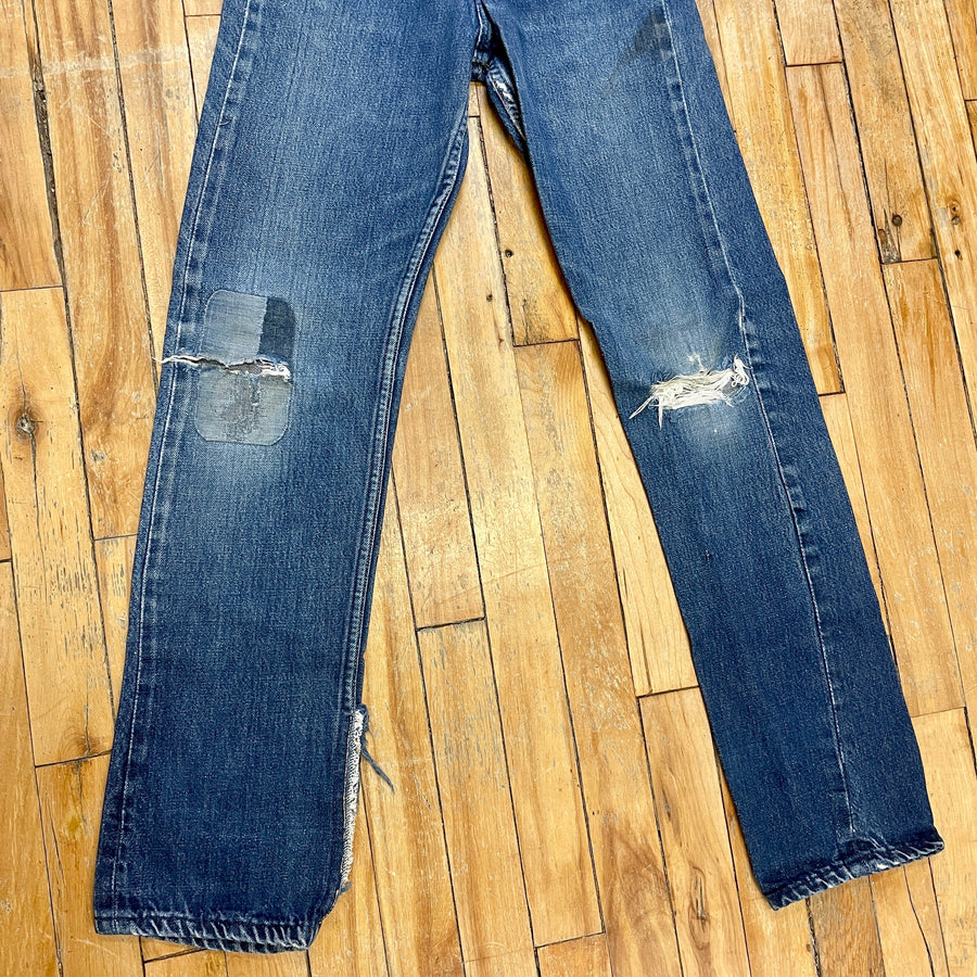 Vintage Mid-Century Patched Perfection Circle S High Waisted Ranch Selvedge Denim Jeans Petite/Youth 23