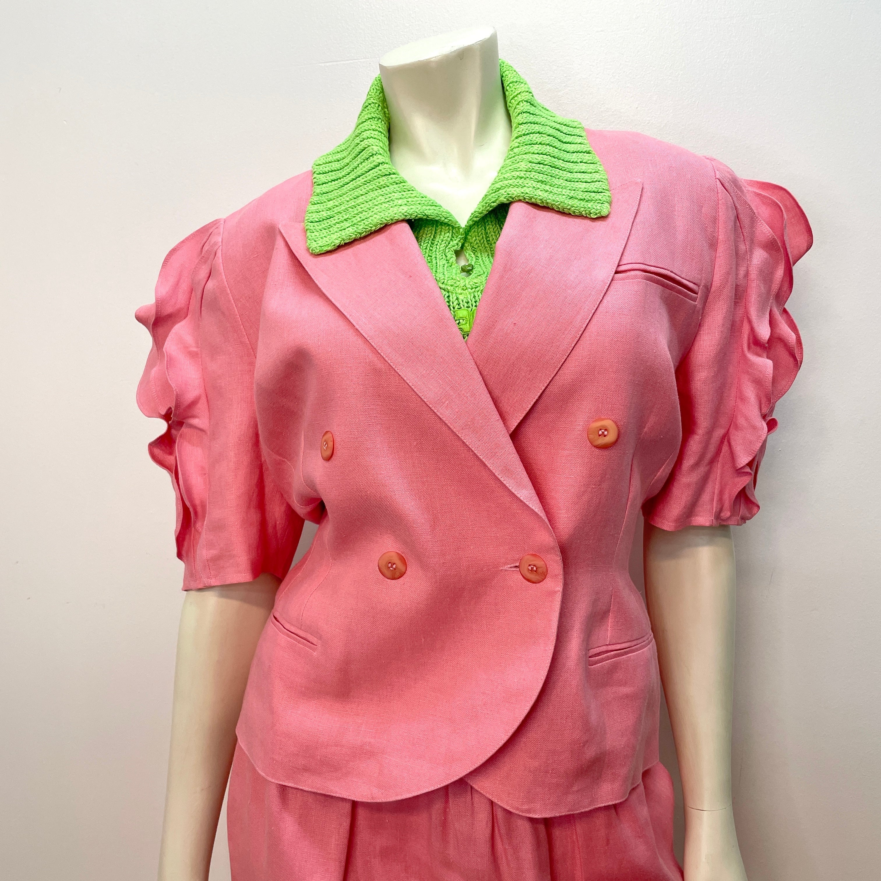 80s Lolita Lempicka Vintage Designer Bubblegum Pink Linen Suit Made in