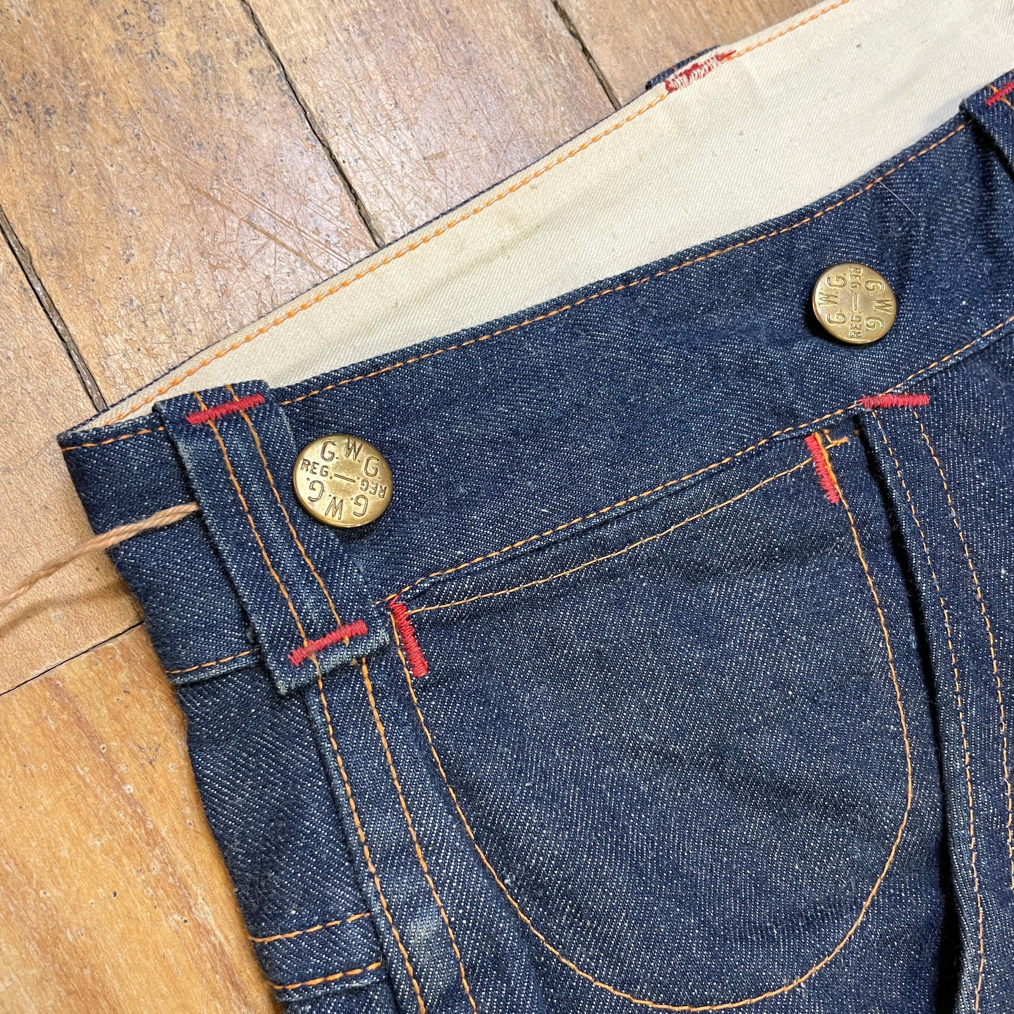 1950s GWG &quot;Red Strap&quot; Snobak Denim Union Made in Canada Vintage Worker Jeans Size 47&quot; Bottoms Public Butter 