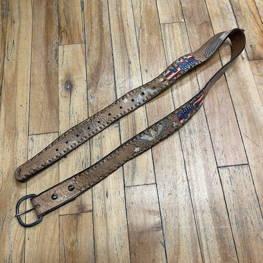 60s-70s Americana Patriotic Vintage Tooled Leather Belt with Metallic Gold Leather Thread Size 36 Accessories Public Butter 