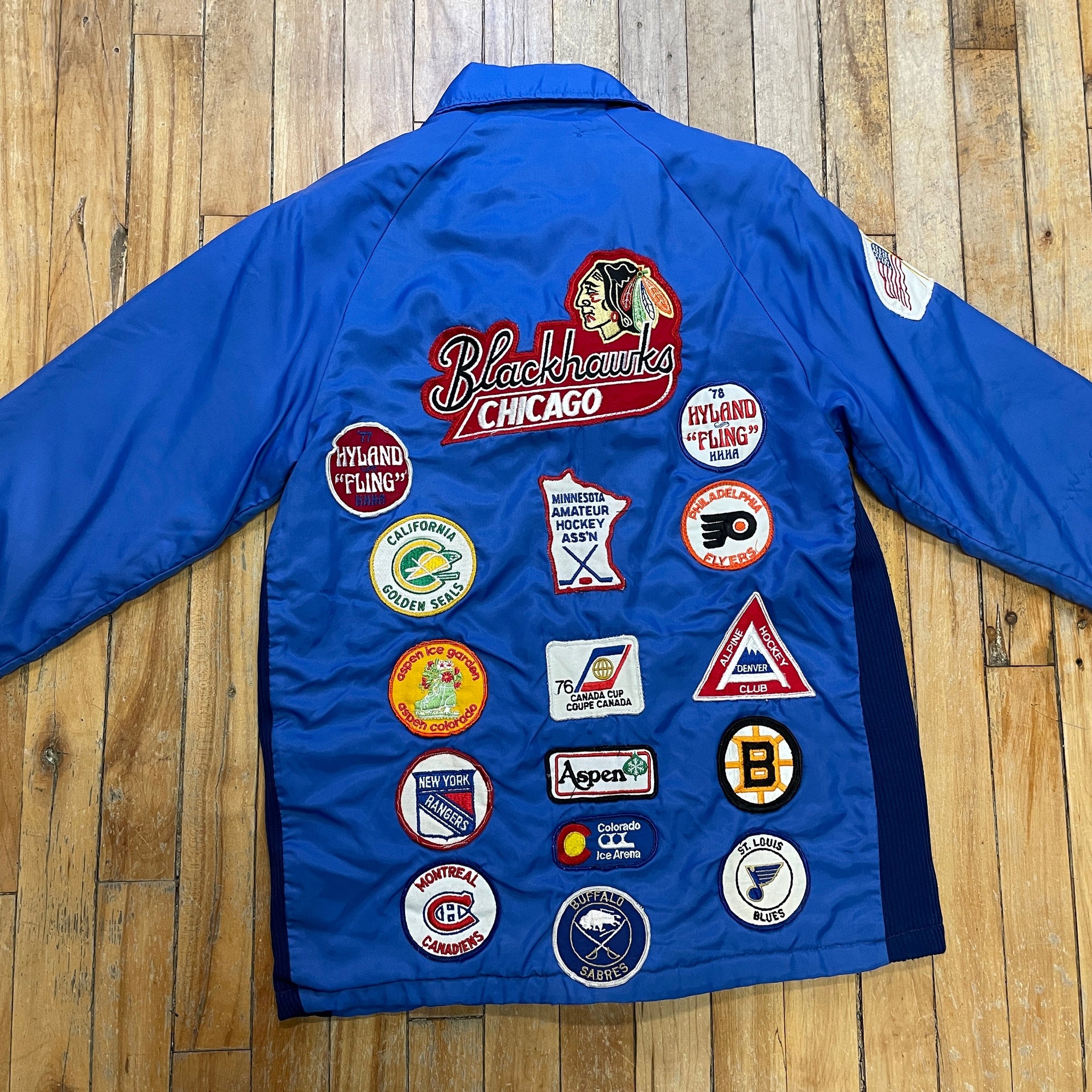 70s Chicago Blackhawks Mega Patched Vintage Nylon Windbreaker Made In USA Size XS Jackets &amp; Coats Public Butter 