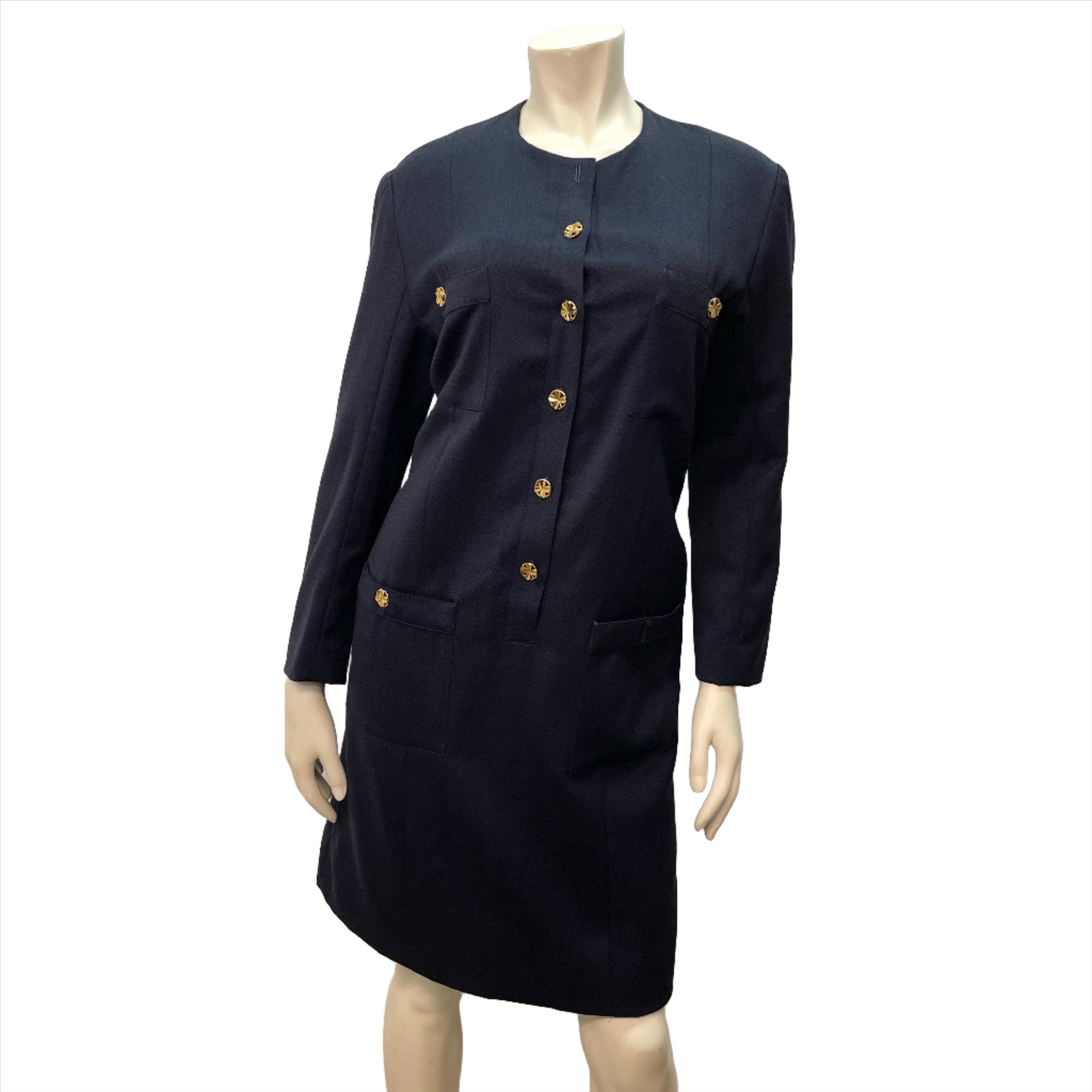 Chanel Boutique Vintage Designer Wool Dress with Golden Clover