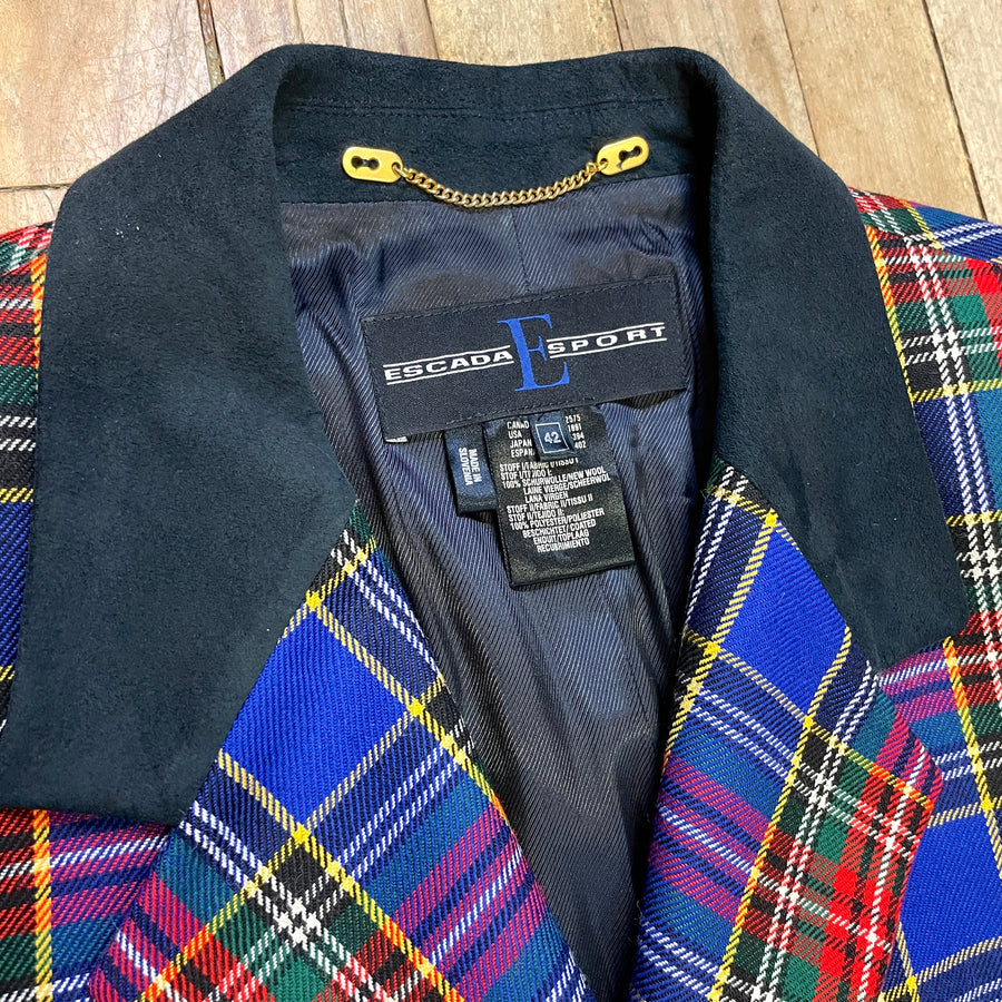Escada Sport Designer Vintage Tartan Wool Blazer with Elbow Patches Tops Black Market Toronto 
