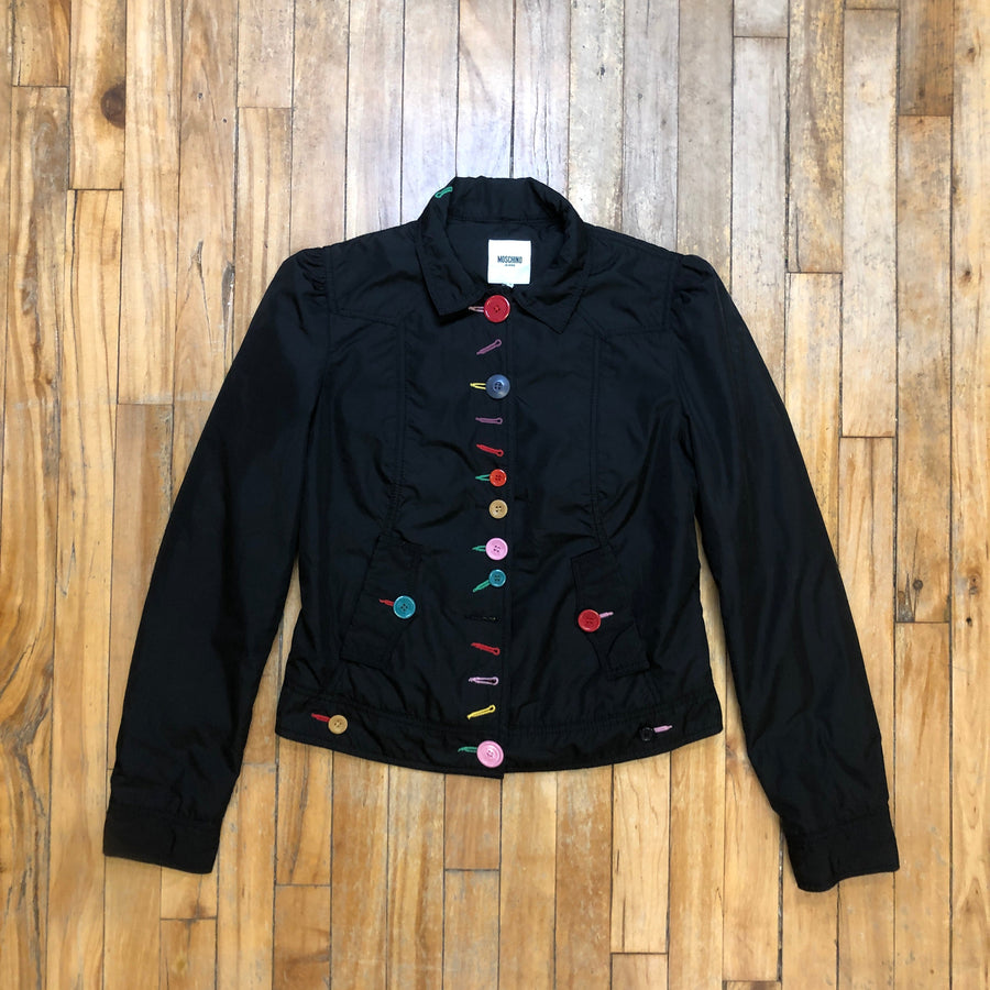 Fun! Moschino Jeans Vintage Designer Women's Jacket with Multicoloured Buttons Size Medium Tops Public Butter 