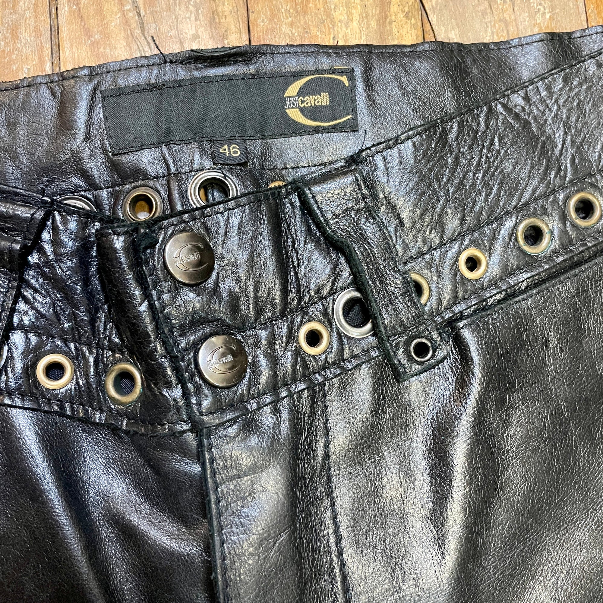 Just Cavalli Black Leather Trousers with Grommet Detailing on Waistband Size 30" Bottoms Public Butter 