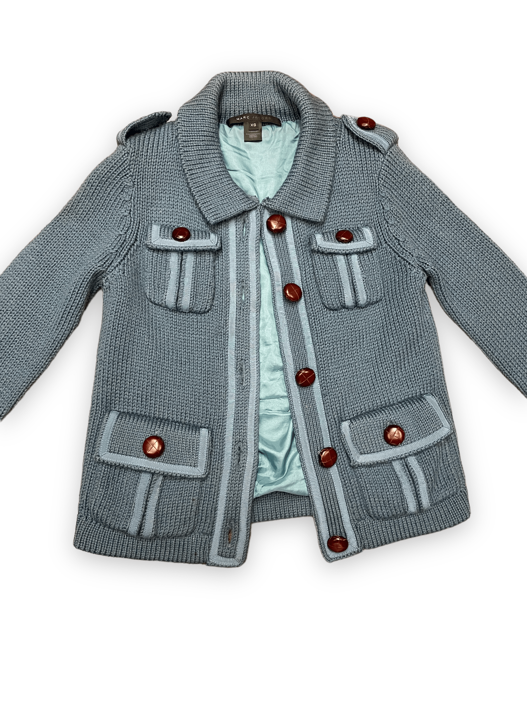 Marc Jacobs Steel Blue Wool Sweater Jacket with Pumpernickel Buttons Size XS Jackets &amp; Coats Public Butter 