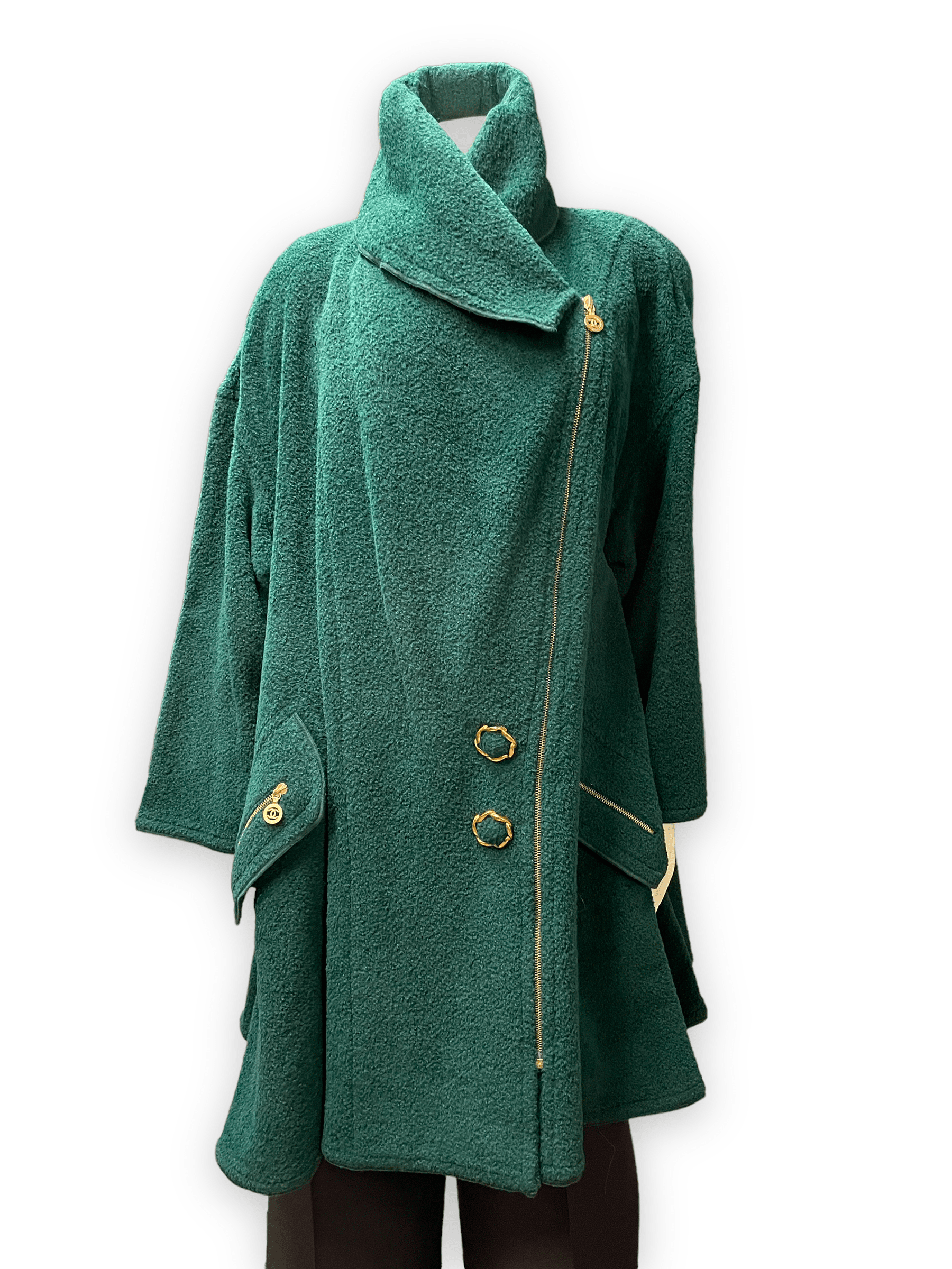 Vintage Chanel Boutique Fluffy Green Coat with Golden Accents