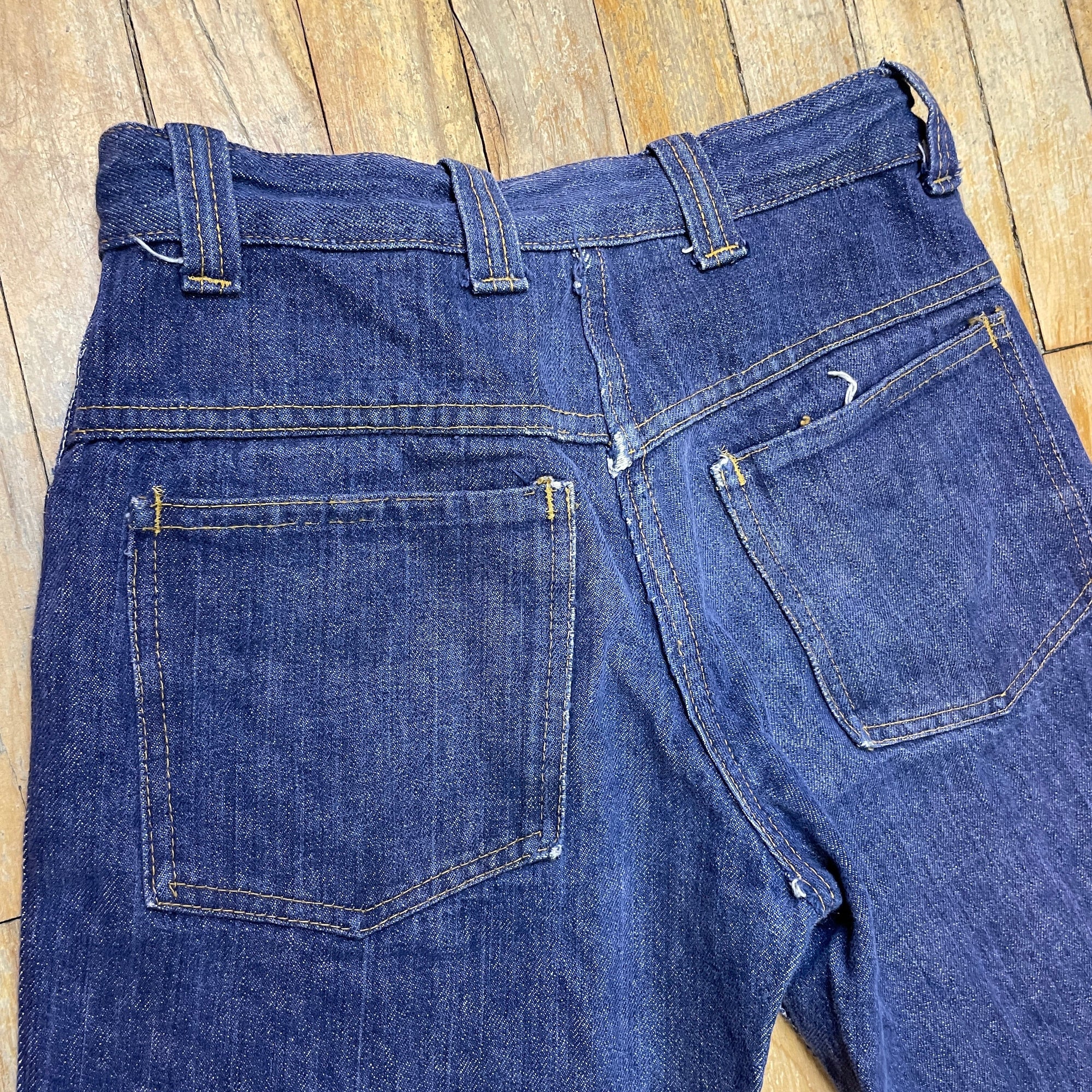 Vintage Mended Indigo Denim Boot Cut Jeans 28" Waist Bottoms Black Market Toronto 