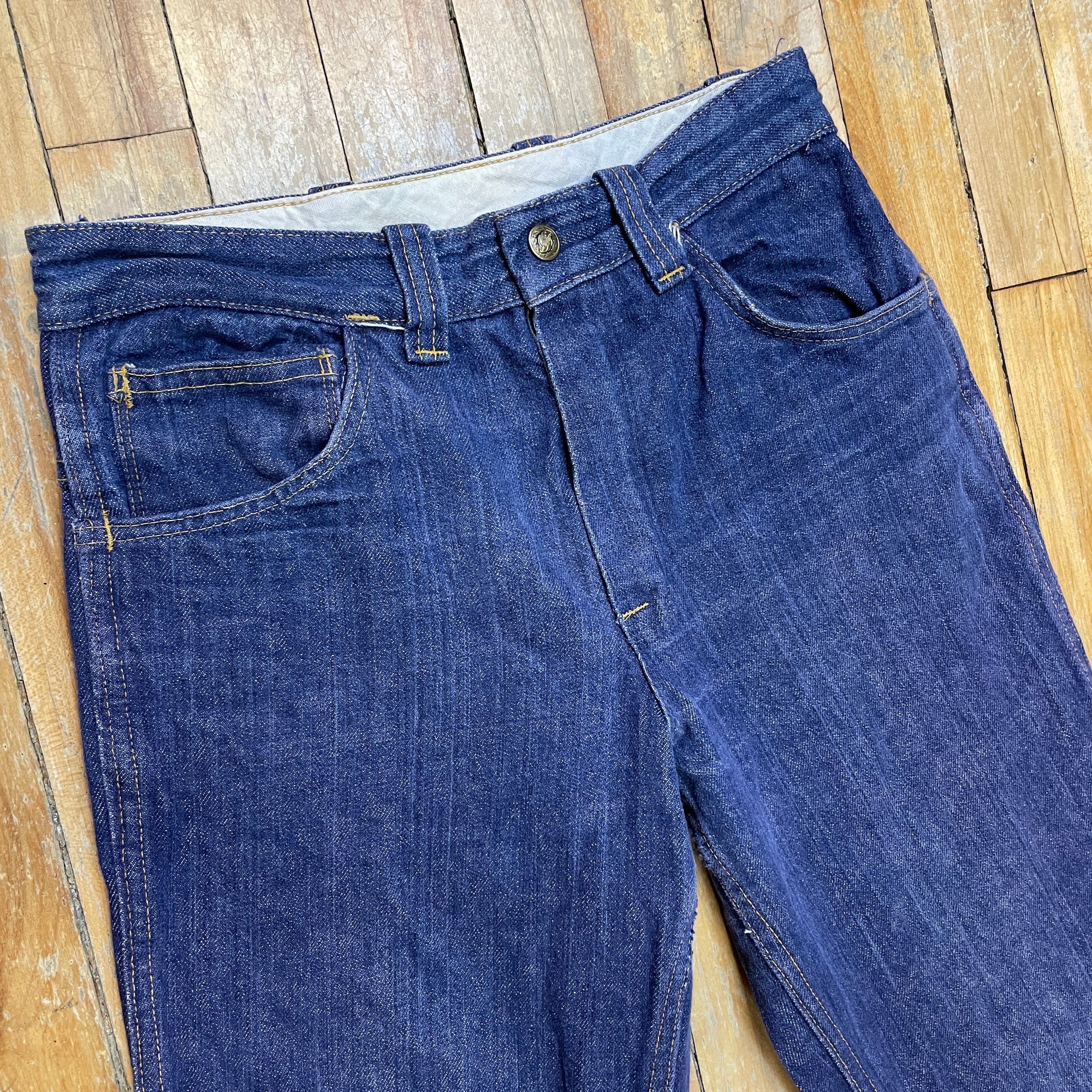 Vintage Mended Indigo Denim Boot Cut Jeans 28" Waist Bottoms Black Market Toronto 