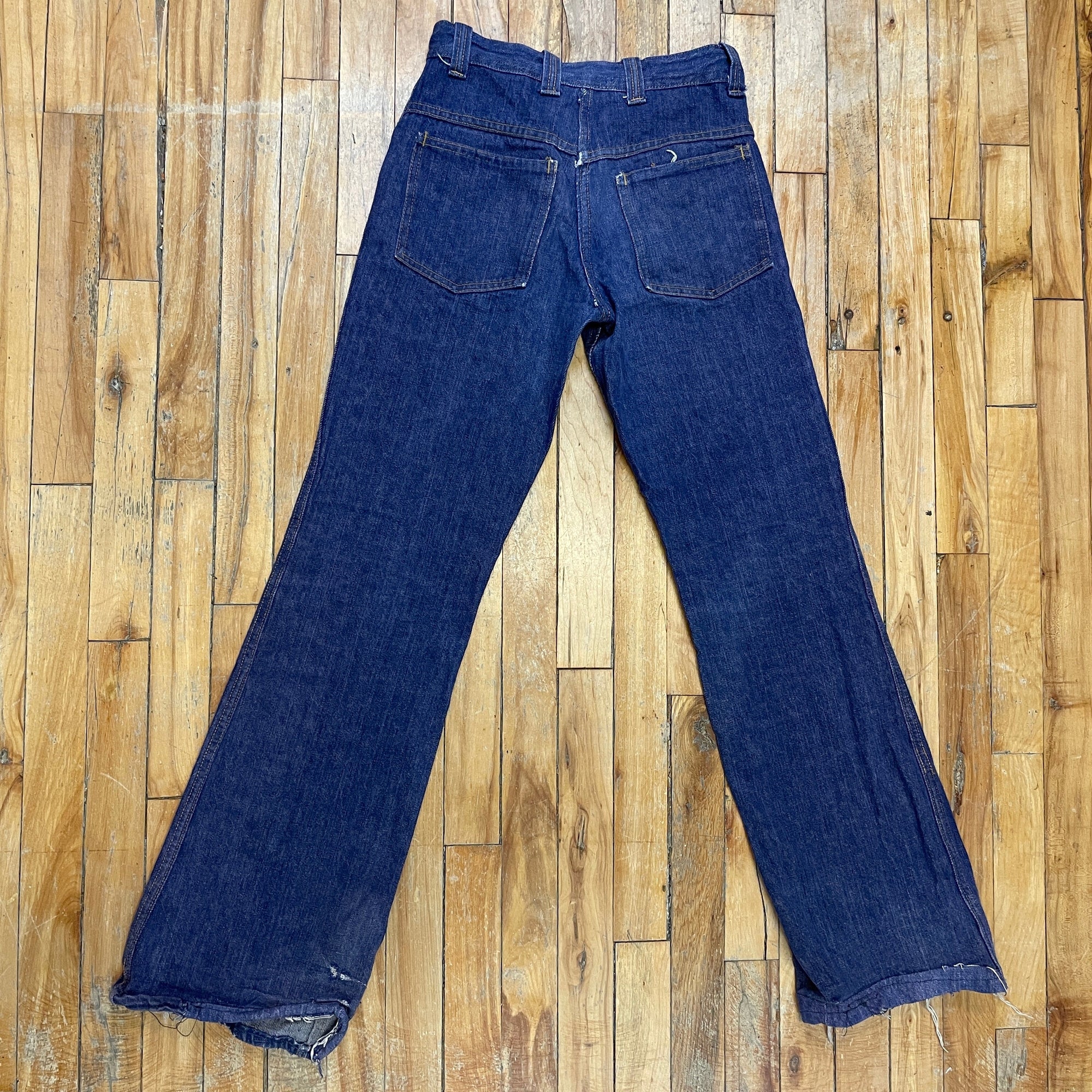 Vintage Mended Indigo Denim Boot Cut Jeans 28" Waist Bottoms Black Market Toronto 