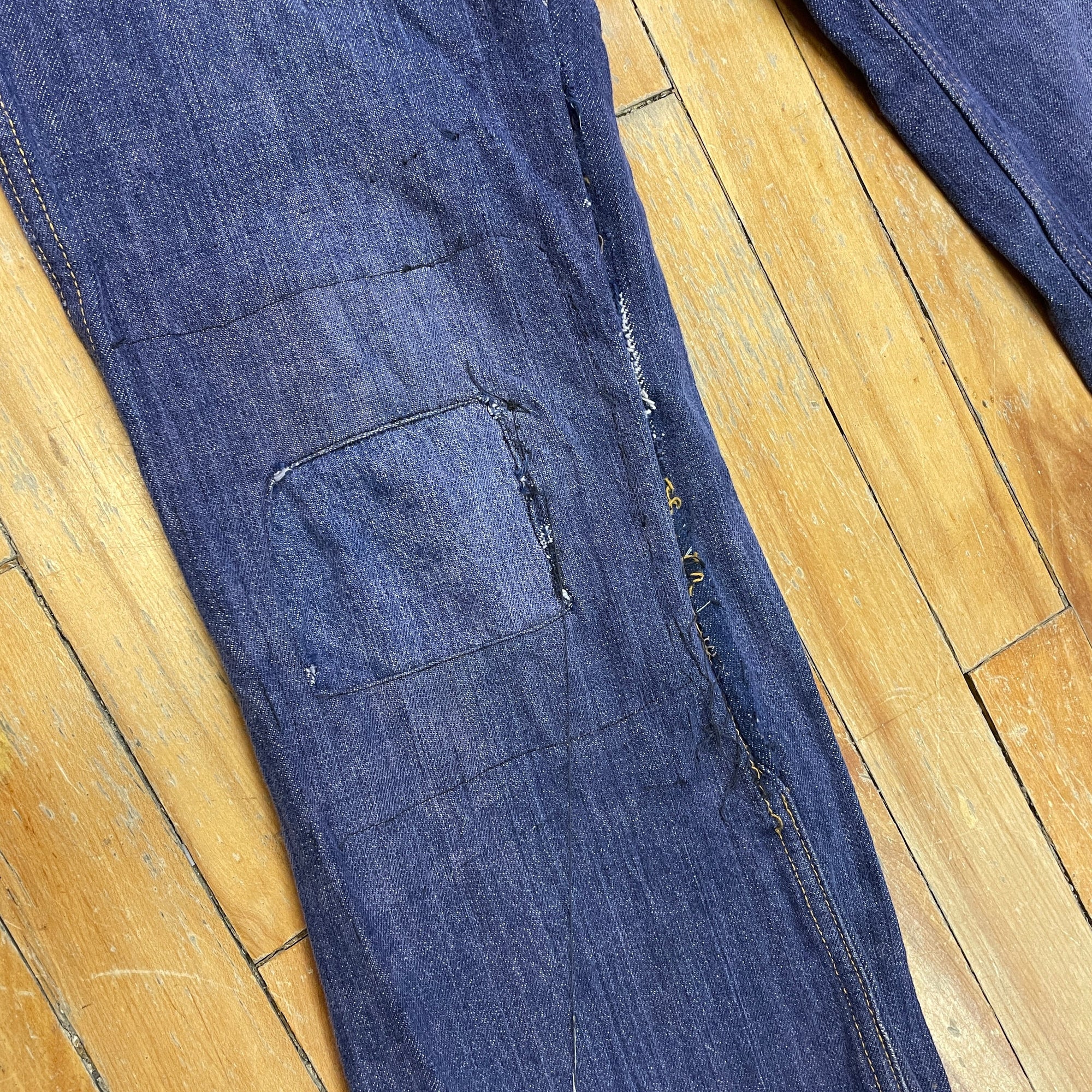 Vintage Mended Indigo Denim Boot Cut Jeans 28" Waist Bottoms Black Market Toronto 