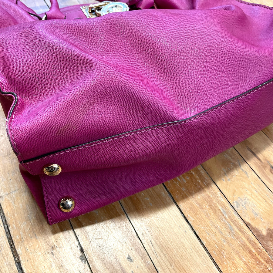 Vintage Michael Kors Magenta Saffiano Leather Large Hamilton Satchel Bag with Lock and Key 13