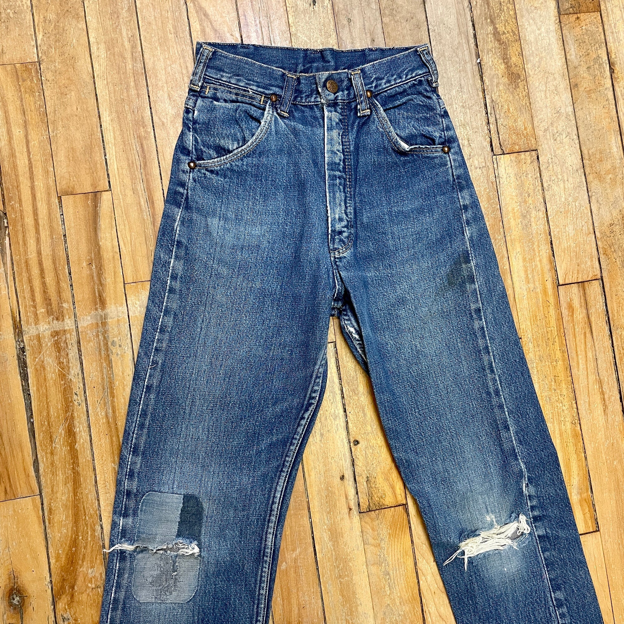 Vintage Mid-Century Patched Perfection Circle S High Waisted Ranch Selvedge Denim Jeans Petite/Youth 23" Waist Bottoms Public Butter 